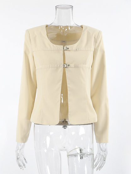Butter Yellow Women's Cropped Blazer - Elegant Buckle Front Round Neck Jacket - Slim Fit Date Night Outfits 2026