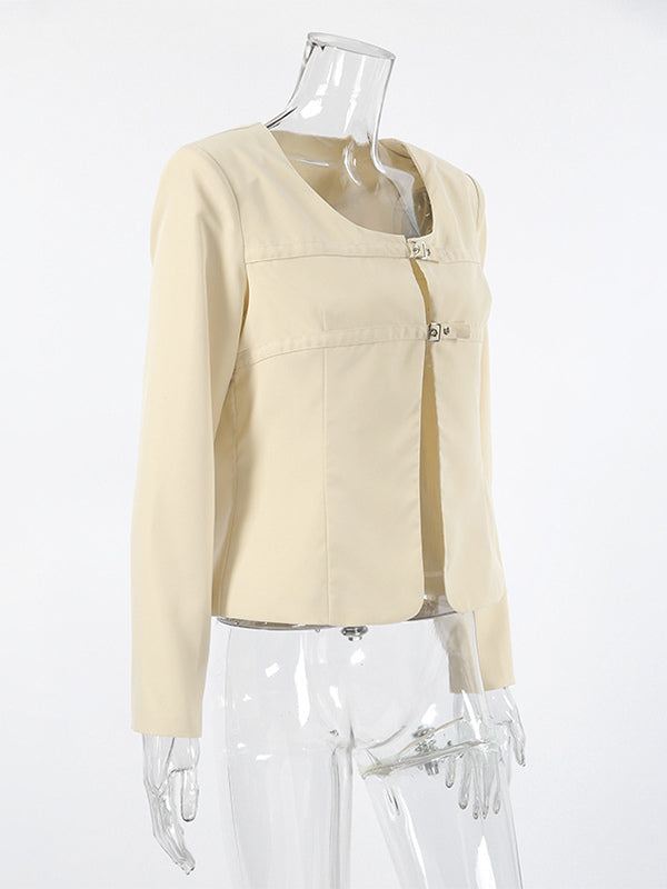 Butter Yellow Women's Cropped Blazer - Elegant Buckle Front Round Neck Jacket - Slim Fit Date Night Outfits 2026