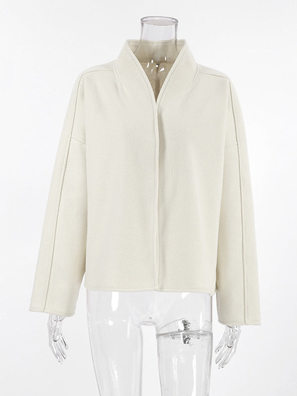 Stand Collar Women's Short Coat - Cream Oversized Fit Jacket - Minimalist Spring Street Casual Outfits 2026