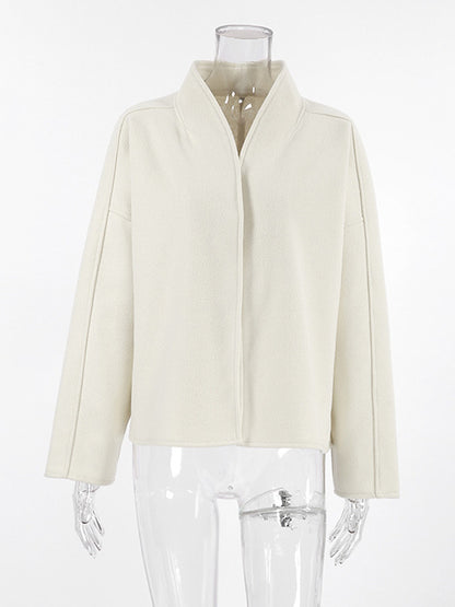 Stand Collar Women's Short Coat - Cream Oversized Fit Jacket - Minimalist Spring Street Casual Outfits 2026