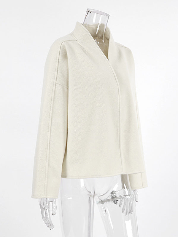 Stand Collar Women's Short Coat - Cream Oversized Fit Jacket - Minimalist Spring Street Casual Outfits 2026