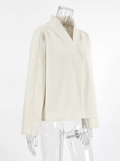Stand Collar Women's Short Coat - Cream Oversized Fit Jacket - Minimalist Spring Street Casual Outfits 2026