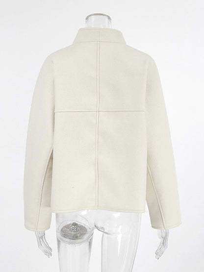 Stand Collar Women's Short Coat - Cream Oversized Fit Jacket - Minimalist Spring Street Casual Outfits 2026