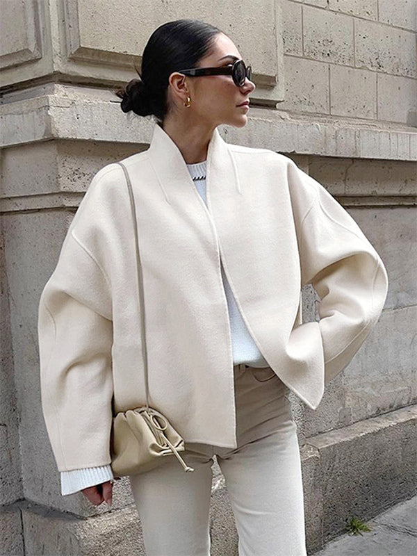 Stand Collar Women's Short Coat - Cream Oversized Fit Jacket - Minimalist Spring Street Casual Outfits 2026