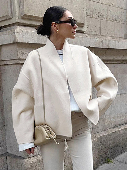 Stand Collar Women's Short Coat - Cream Oversized Fit Jacket - Minimalist Spring Street Casual Outfits 2026