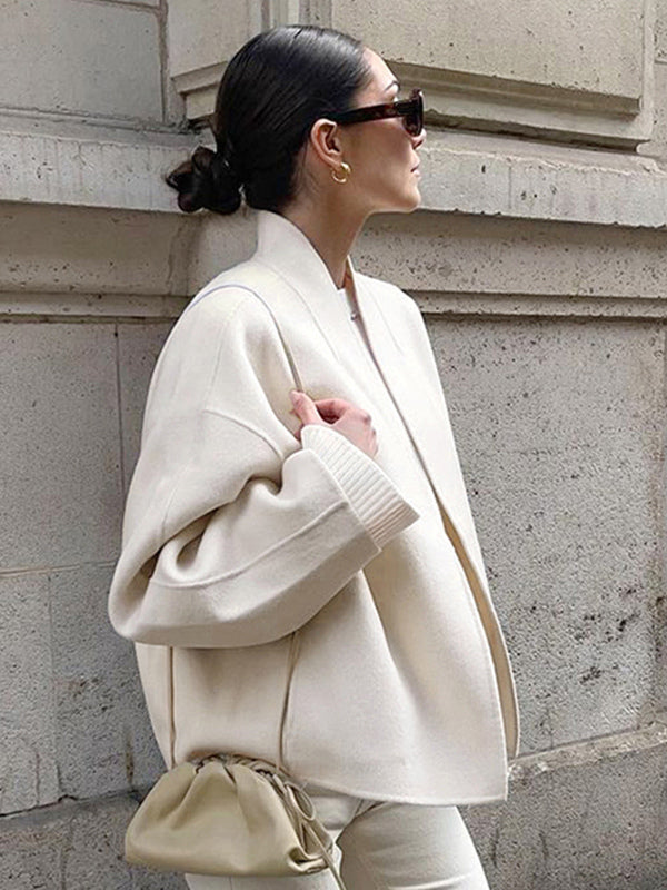 Stand Collar Women's Short Coat - Cream Oversized Fit Jacket - Minimalist Spring Street Casual Outfits 2026