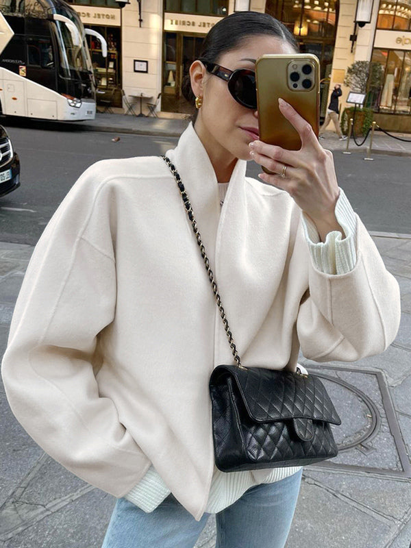 Stand Collar Women's Short Coat - Cream Oversized Fit Jacket - Minimalist Spring Street Casual Outfits 2026