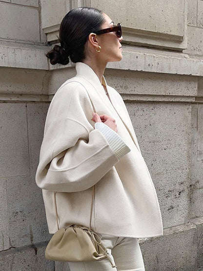 Stand Collar Women's Short Coat - Cream Oversized Fit Jacket - Minimalist Spring Street Casual Outfits 2026
