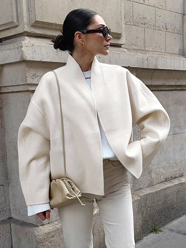 Stand Collar Women's Short Coat - Cream Oversized Fit Jacket - Minimalist Spring Street Casual Outfits 2026