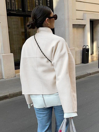 Stand Collar Women's Short Coat - Cream Oversized Fit Jacket - Minimalist Spring Street Casual Outfits 2026