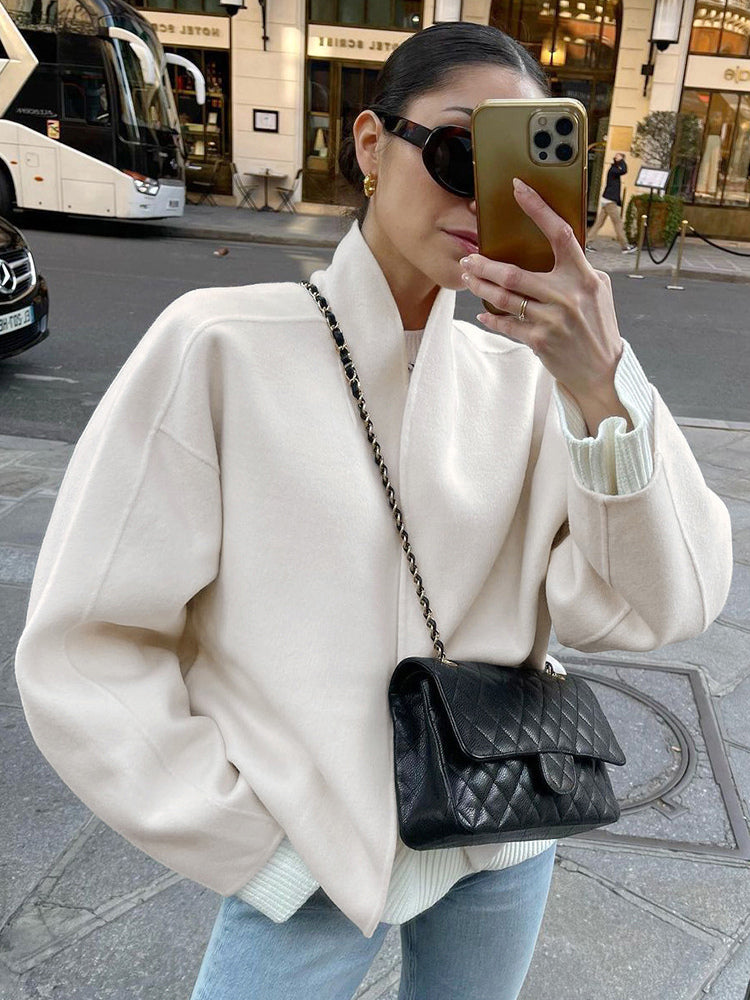 Stand Collar Women's Short Coat - Cream Oversized Fit Jacket - Minimalist Spring Street Casual Outfits 2026