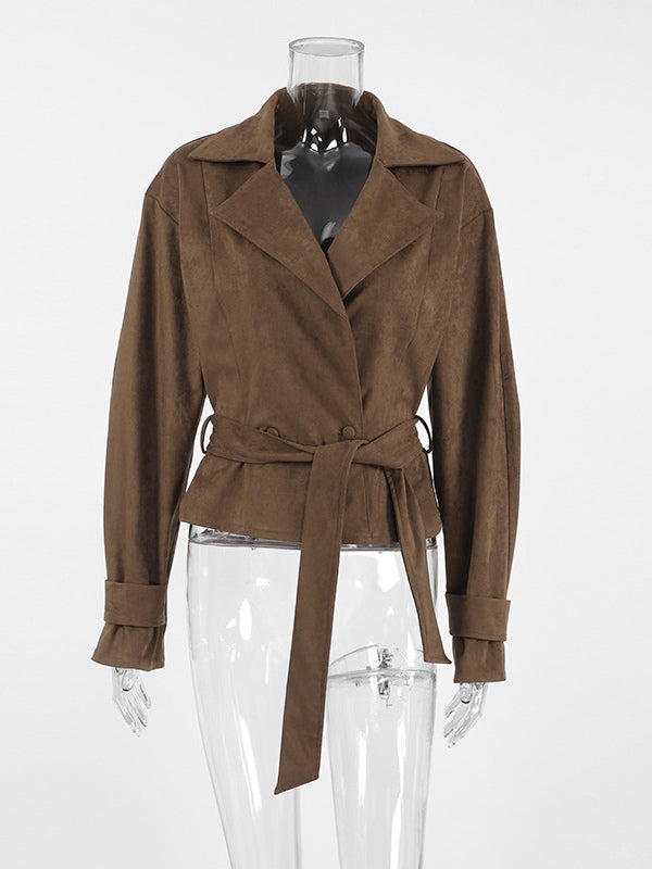 Brown Suede Women's Cropped Blazer - Retro Lapel Belted Waist Regular Fit Jacket - Vintage Spring Daily Outfits 2026