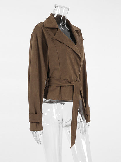Brown Suede Women's Cropped Blazer - Retro Lapel Belted Waist Regular Fit Jacket - Vintage Spring Daily Outfits 2026