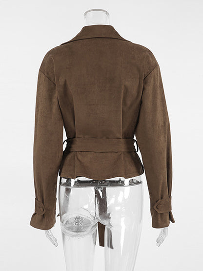 Brown Suede Women's Cropped Blazer - Retro Lapel Belted Waist Regular Fit Jacket - Vintage Spring Daily Outfits 2026