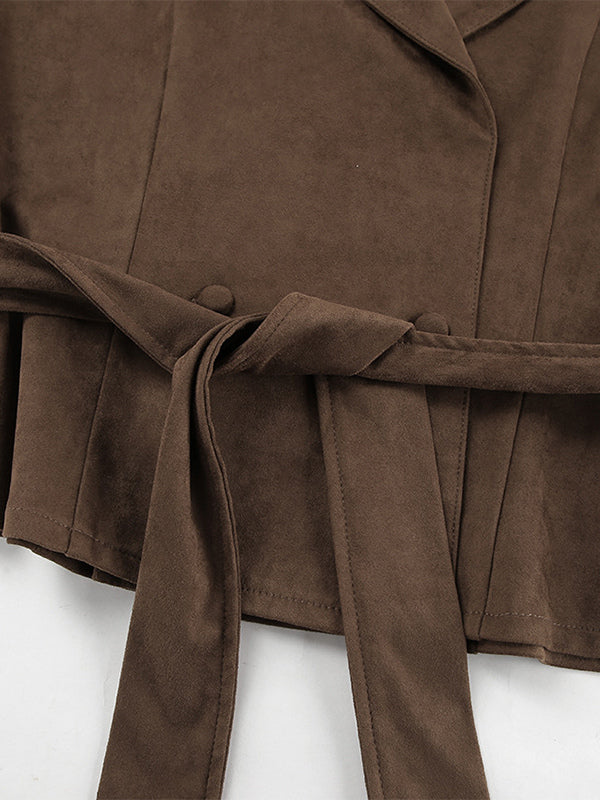 Brown Suede Women's Cropped Blazer - Retro Lapel Belted Waist Regular Fit Jacket - Vintage Spring Daily Outfits 2026