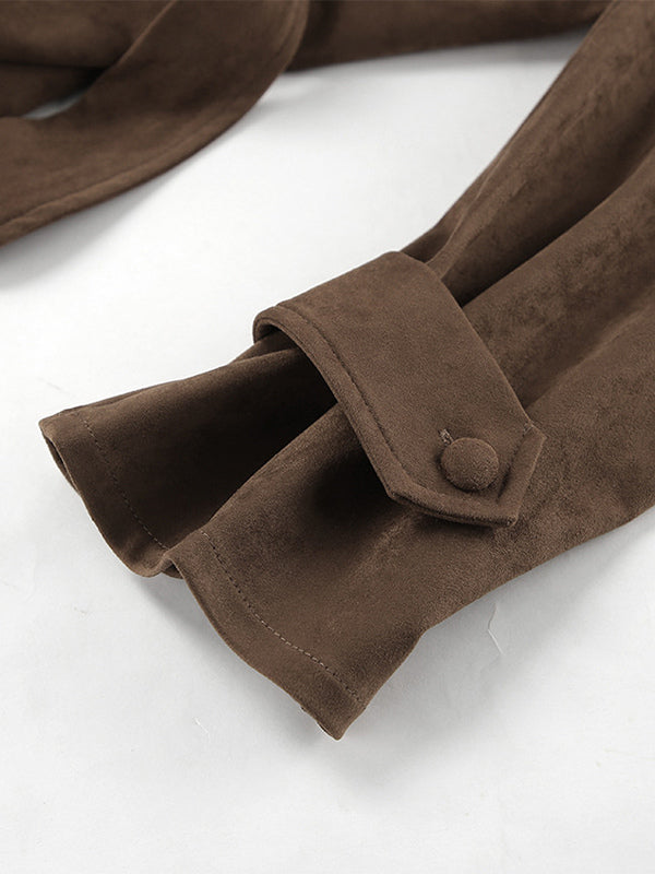 Brown Suede Women's Cropped Blazer - Retro Lapel Belted Waist Regular Fit Jacket - Vintage Spring Daily Outfits 2026