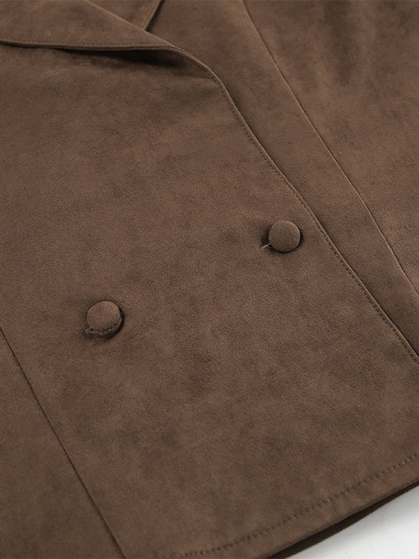 Brown Suede Women's Cropped Blazer - Retro Lapel Belted Waist Regular Fit Jacket - Vintage Spring Daily Outfits 2026
