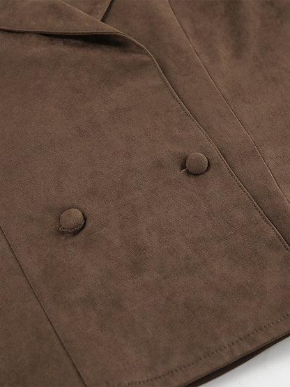 Brown Suede Women's Cropped Blazer - Retro Lapel Belted Waist Regular Fit Jacket - Vintage Spring Daily Outfits 2026