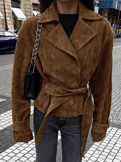 Brown Suede Women's Cropped Blazer - Retro Lapel Belted Waist Regular Fit Jacket - Vintage Spring Daily Outfits 2026