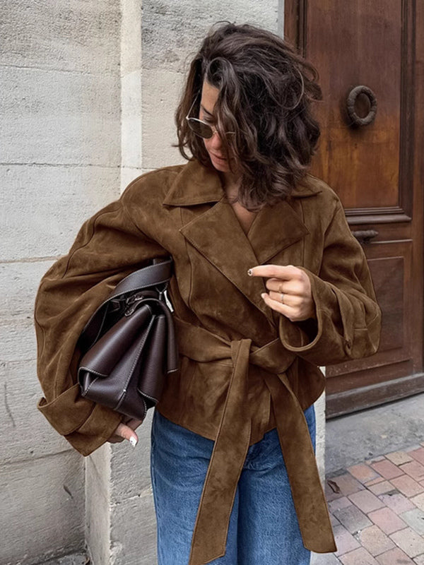 Brown Suede Women's Cropped Blazer - Retro Lapel Belted Waist Regular Fit Jacket - Vintage Spring Daily Outfits 2026