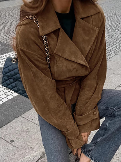 Brown Suede Women's Cropped Blazer - Retro Lapel Belted Waist Regular Fit Jacket - Vintage Spring Daily Outfits 2026