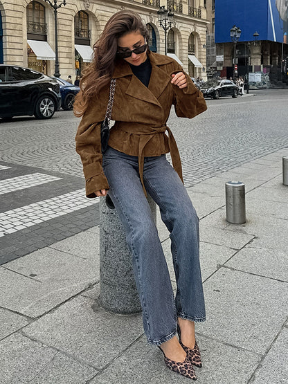 Brown Suede Women's Cropped Blazer - Retro Lapel Belted Waist Regular Fit Jacket - Vintage Spring Daily Outfits 2026