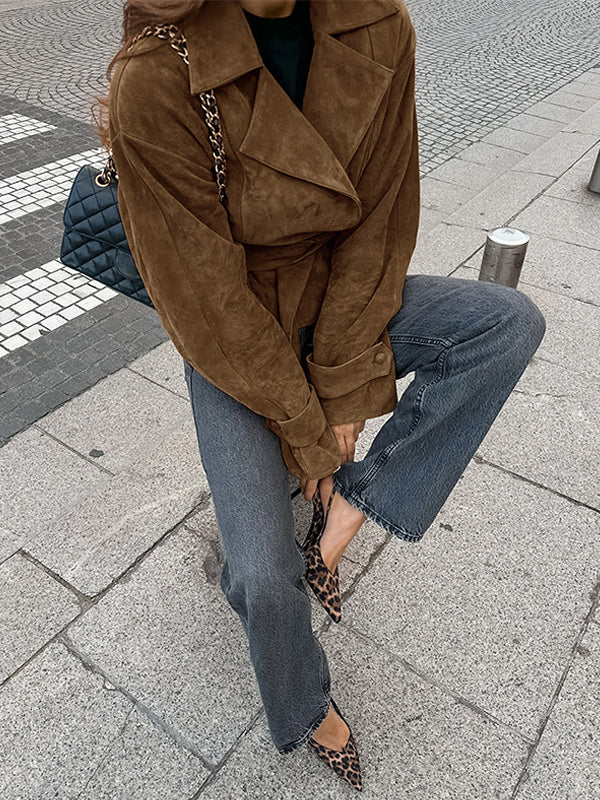 Brown Suede Women's Cropped Blazer - Retro Lapel Belted Waist Regular Fit Jacket - Vintage Spring Daily Outfits 2026