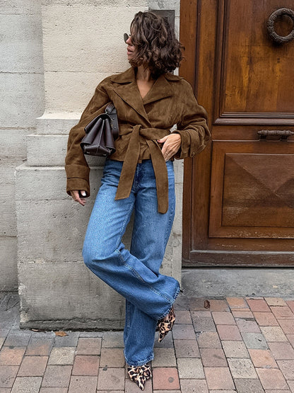 Brown Suede Women's Cropped Blazer - Retro Lapel Belted Waist Regular Fit Jacket - Vintage Spring Daily Outfits 2026