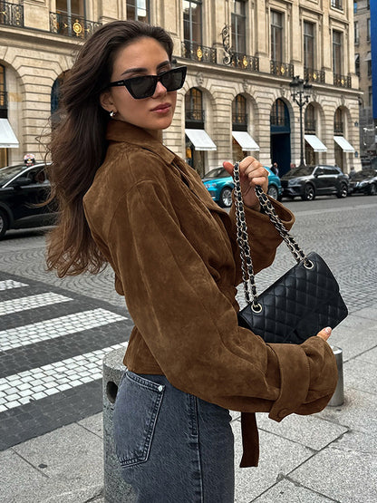 Brown Suede Women's Cropped Blazer - Retro Lapel Belted Waist Regular Fit Jacket - Vintage Spring Daily Outfits 2026