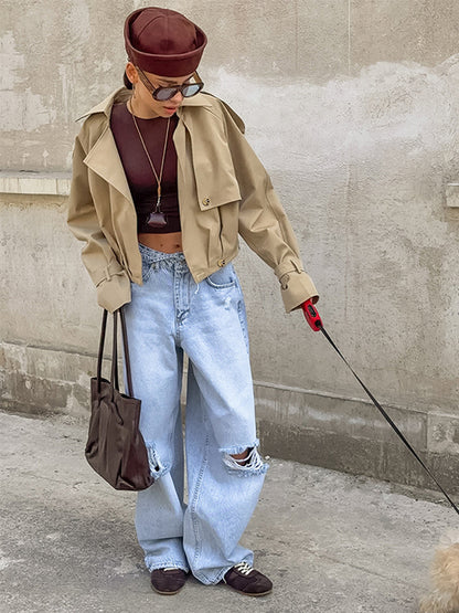 Cropped Khaki Women’s Trench Jacket - Lantern Sleeve Lapel Short Windbreaker - Casual Streetwear Spring Outerwear 2026