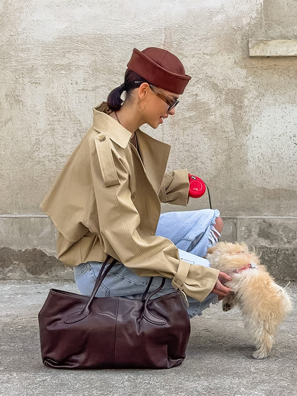 Cropped Khaki Women’s Trench Jacket - Lantern Sleeve Lapel Short Windbreaker - Casual Streetwear Spring Outerwear 2026