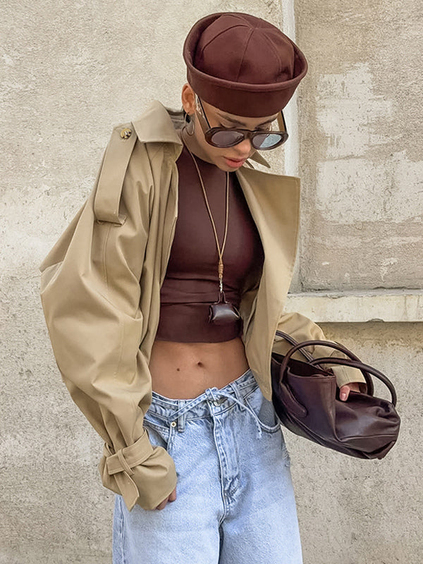 Cropped Khaki Women’s Trench Jacket - Lantern Sleeve Lapel Short Windbreaker - Casual Streetwear Spring Outerwear 2026