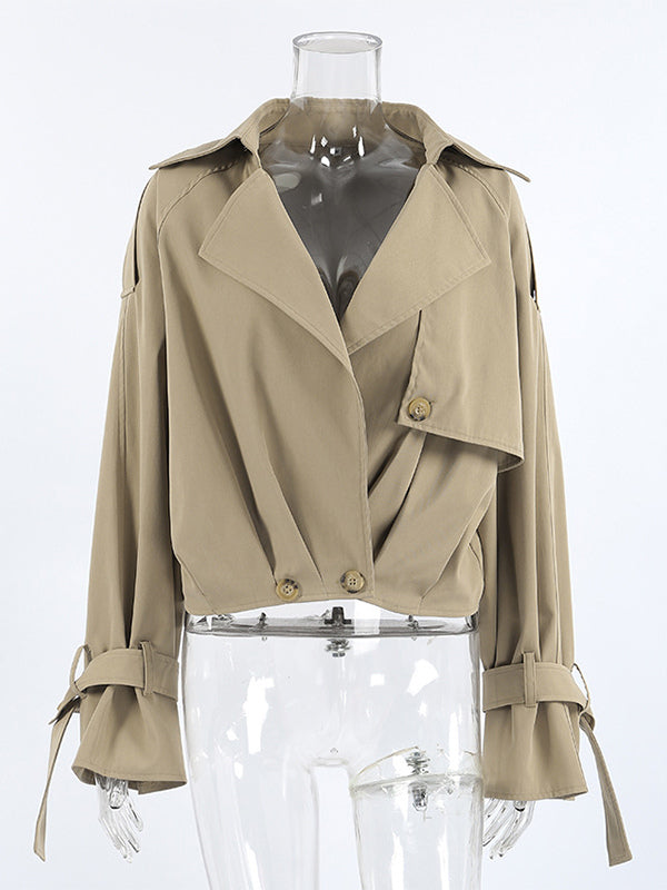 Cropped Khaki Women’s Trench Jacket - Lantern Sleeve Lapel Short Windbreaker - Casual Streetwear Spring Outerwear 2026