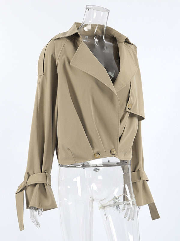 Cropped Khaki Women’s Trench Jacket - Lantern Sleeve Lapel Short Windbreaker - Casual Streetwear Spring Outerwear 2026
