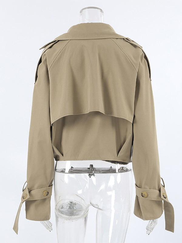 Cropped Khaki Women’s Trench Jacket - Lantern Sleeve Lapel Short Windbreaker - Casual Streetwear Spring Outerwear 2026