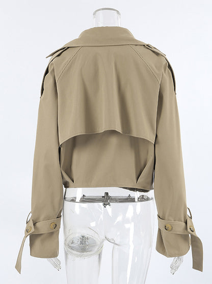 Cropped Khaki Women’s Trench Jacket - Lantern Sleeve Lapel Short Windbreaker - Casual Streetwear Spring Outerwear 2026