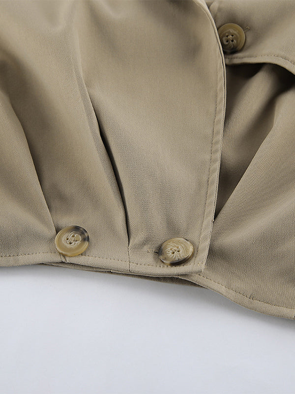 Cropped Khaki Women’s Trench Jacket - Lantern Sleeve Lapel Short Windbreaker - Casual Streetwear Spring Outerwear 2026