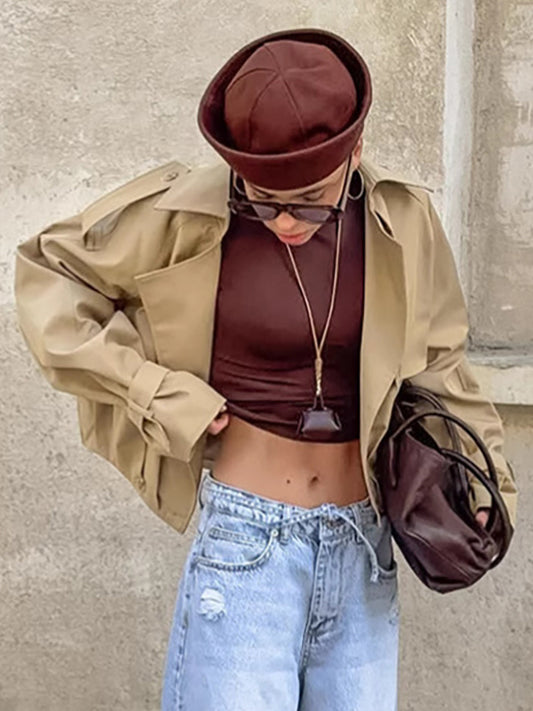 Cropped Khaki Women’s Trench Jacket - Lantern Sleeve Lapel Short Windbreaker - Casual Streetwear Spring Outerwear 2026
