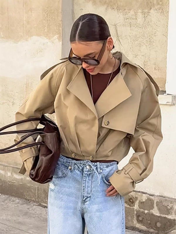 Cropped Khaki Women’s Trench Jacket - Lantern Sleeve Lapel Short Windbreaker - Casual Streetwear Spring Outerwear 2026