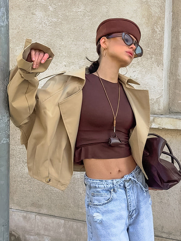 Cropped Khaki Women’s Trench Jacket - Lantern Sleeve Lapel Short Windbreaker - Casual Streetwear Spring Outerwear 2026