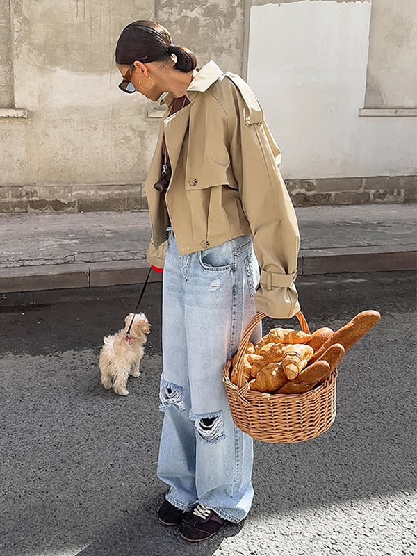 Cropped Khaki Women’s Trench Jacket - Lantern Sleeve Lapel Short Windbreaker - Casual Streetwear Spring Outerwear 2026