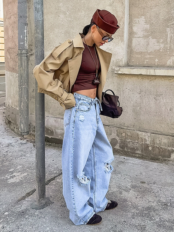 Cropped Khaki Women’s Trench Jacket - Lantern Sleeve Lapel Short Windbreaker - Casual Streetwear Spring Outerwear 2026