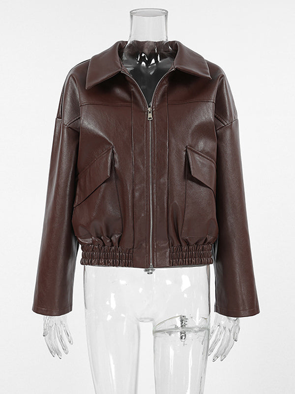 Faux Leather Women's Biker Jacket - Retro Oversized Lapel Collar Moto Coat - Vintage Zip Up Streetwear Spring Outfits 2026