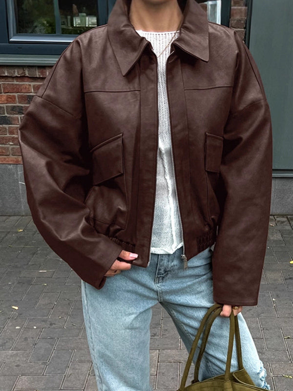 Faux Leather Women's Biker Jacket - Retro Oversized Lapel Collar Moto Coat - Vintage Zip Up Streetwear Spring Outfits 2026