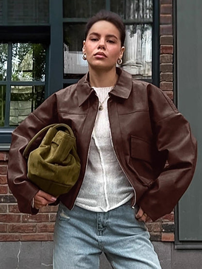 Faux Leather Women's Biker Jacket - Retro Oversized Lapel Collar Moto Coat - Vintage Zip Up Streetwear Spring Outfits 2026