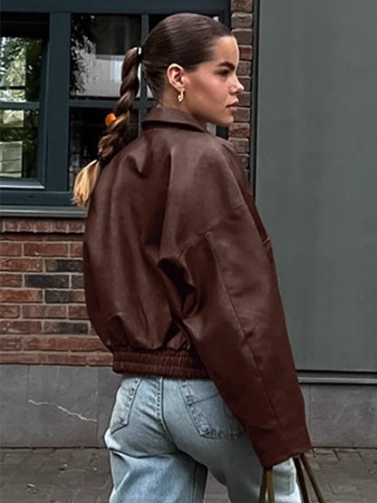 Faux Leather Women's Biker Jacket - Retro Oversized Lapel Collar Moto Coat - Vintage Zip Up Streetwear Spring Outfits 2026