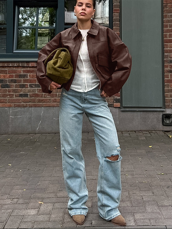 Faux Leather Women's Biker Jacket - Retro Oversized Lapel Collar Moto Coat - Vintage Zip Up Streetwear Spring Outfits 2026