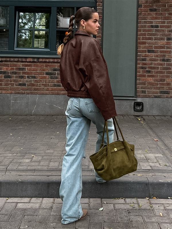 Faux Leather Women's Biker Jacket - Retro Oversized Lapel Collar Moto Coat - Vintage Zip Up Streetwear Spring Outfits 2026