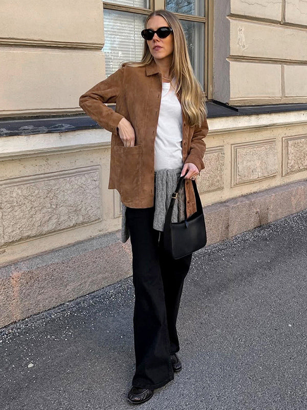 Faux Suede Tan Women's Shirt Jacket - Retro Utility Cargo Pocket Oversized Top - Casual Spring Streetwear 2026