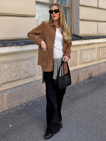 Faux Suede Tan Women's Shirt Jacket - Retro Utility Cargo Pocket Oversized Top - Casual Spring Streetwear 2026